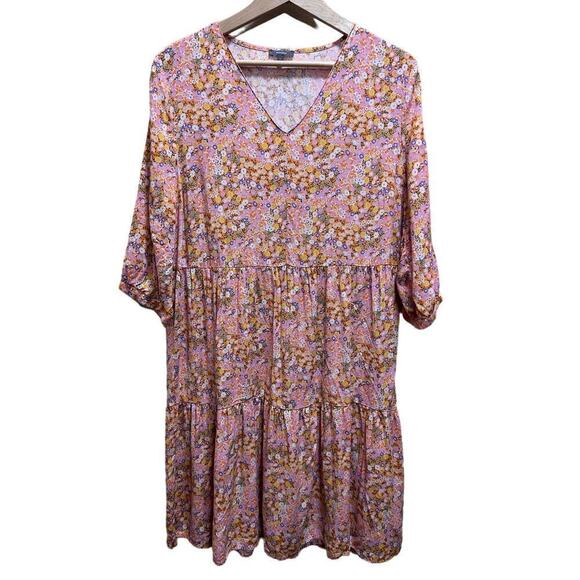 Montego Floral Babydoll Tunic Dress 42/6 Orange Hippie Boho Midi Beachy Coastal - Picture 1 of 7